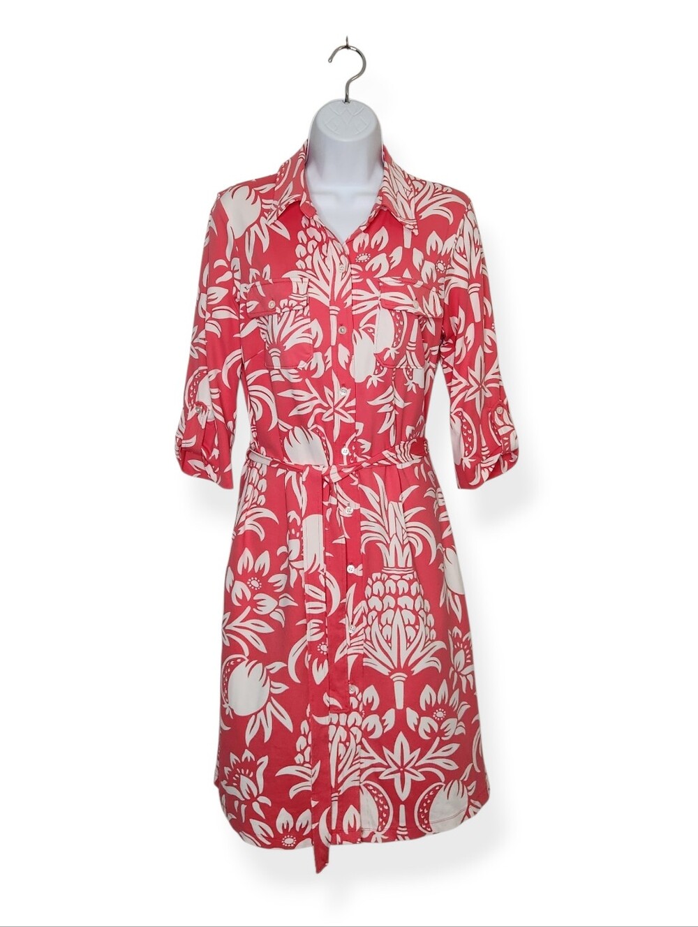 J. McLaughlin Pink/Coral & White Floral Shirt Dress with Tie Belt Size Small